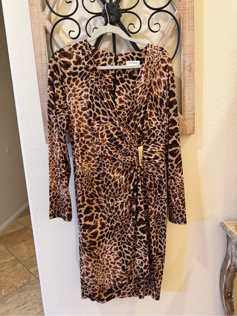 Calvin Klein Leopard-Print Long Sleeve Faux-Wrap Dress